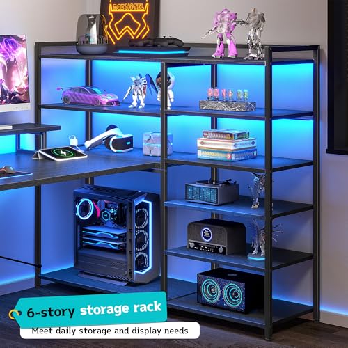 Image of DurayLoly 63 inch L Shaped Gaming Desk with Power Outlet & LED Lights,Black | Reversible Corner Desk with 6-Tier Shelves,2 Fabric Drawers,Monitor Stand & CPU Stand,Computer Desk for Home Office,Bedroom
