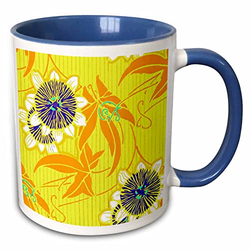 3dRose Art Nouveau Blue Flowers on Yellow 11oz Two-Tone Blue Mug