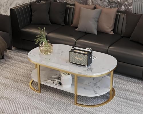 Image of Modern Large Coffee Table Center Table, Beautiful Sofa Table Simple Design - 2 Tier Nesting Coffee Table Living Room Table for Home,& Office (White & Gold)