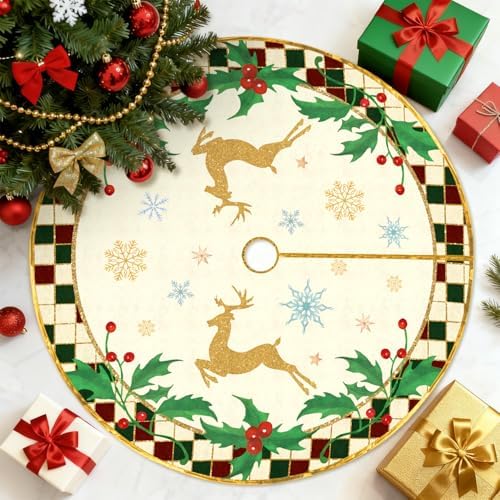 48 inch Golden Reindeer Christmas Tree Skirt, Christmas Plaid Holly Berry Tree Mat, Xmas Winter Holiday Party Christmas Tree Decoration