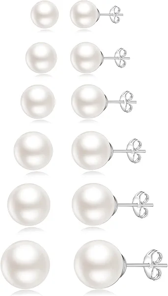 Senteria 925 Sterling Silver Pearl Earrings Studs Set Hypoallergenic Small Stud Earrings Lightweight Shiny Earrings Studs for Women 6 Pairs 3-10MM