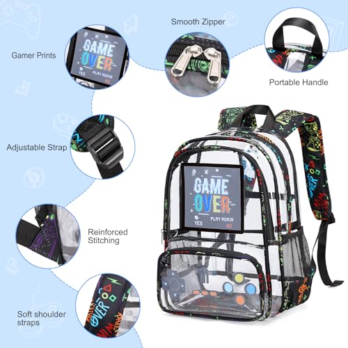 Clear Backpack for Boys, Clear Gamer School Backpack Heavy Duty with Lunch Bag and Pencil Case, Transparent See Through Bookbag Stadium Approved for Teen Boy Kids Elementary Middle High School 5