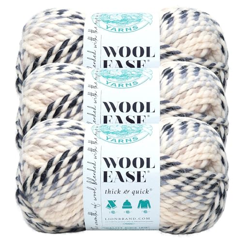 Image of Lion Brand Yarn Wool-Ease Thick and Quick Yarn, Soft and Bulky Yarn for Knitting, Crocheting, and Crafting, 3 Pack, Moonlight