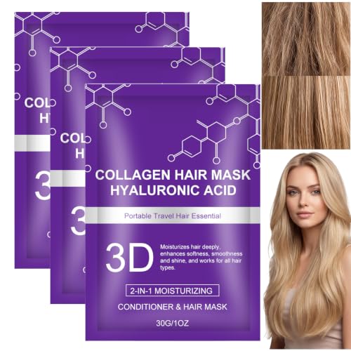 Mascarilla de colágeno de ácido hialurónico 3D, tratamiento profundo para cabello seco y dañado, repara e hidrata todo tipo de cabello, hidrata el encrespamiento, fortalece el tamaño de viaje (3