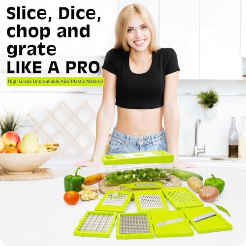 Image of Tekcool 9 in 1 Multipurpose Chopper, Fruits & Vegetable Cutters, Grater Peeler Chipser, Unbreakable Food Grade Body, Easy Push to Clean Button Slicer Dicer, Chopper for Kitchen (Green, Plastic)