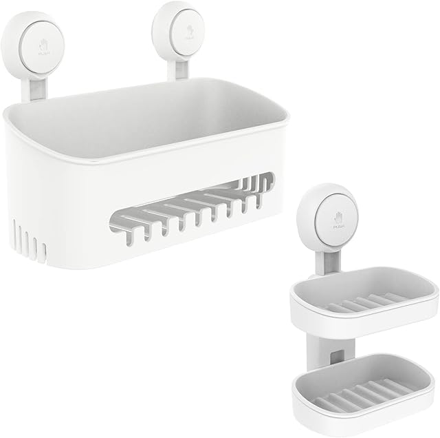 TAILI Shower Caddy & Soap Dish Removable Suction Cup Storage Basket Drill-Free Vacuum Suction Cup Wall Shelf for Shampoo & Toiletries Kitchen Bathroom Bedroom Organizer