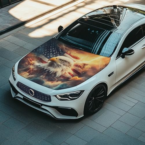 Image of US Flag Eagle Hood Cover for Compact Cars SUV Trucks Minivan, 59x39 Inch Stretchable Car Hood Wrap Blankets, Waterproof Automotive Decorative Accessories