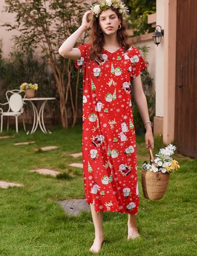 Image of Ekouaer Long Nightgown Women's Loungewear Short Sleeve Sleepwear Full Length Sleep Shirt with Pockets