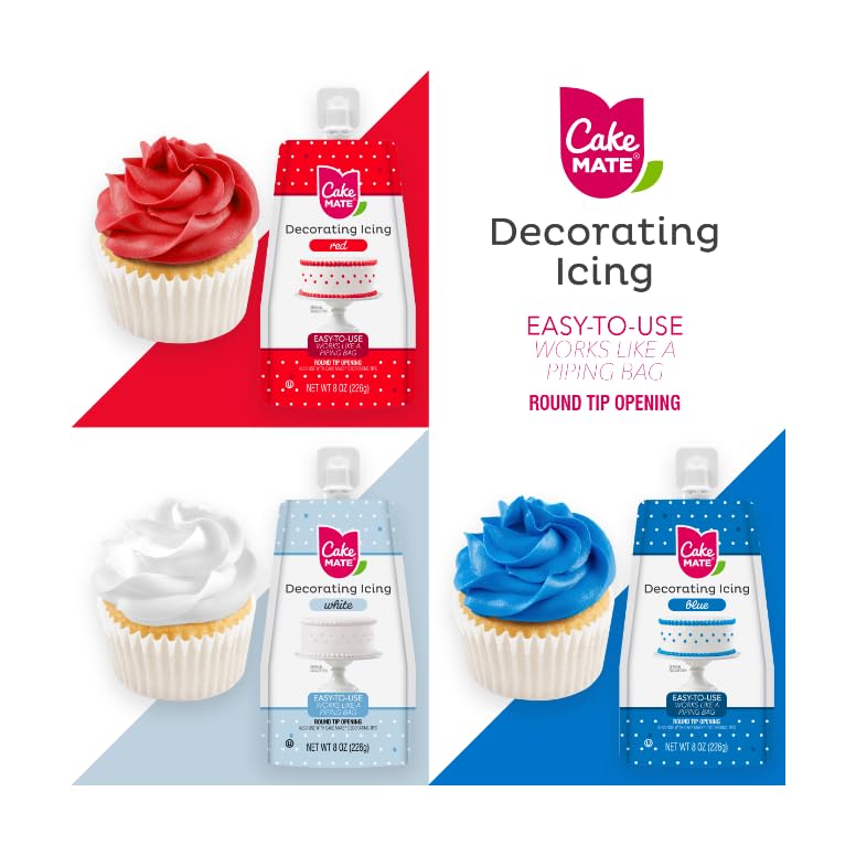 Image of Cake Mate Decorating Icing Red, White & Blue Bundle - Great for Decorating Cakes, Cookies & More | Valentines Decorating, Holidays (three 8oz Pouches)
