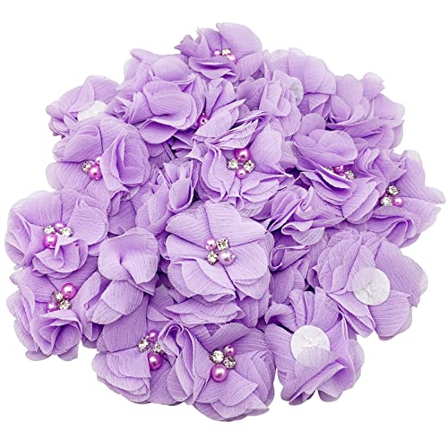 30pcs Rhinestone Chiffon Flower 2\" Sewing Fabric Appliques for Clothing Craft Party Wedding Decor Tassel Topper Decoration Gift Wrapping Headbands Hair Accessories DIY (Purple)