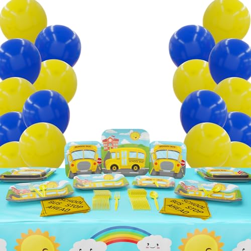 School Bus Deluxe Party Supplies Pack (122 Pieces for 16 Guests) - School Bus Party Supplies, School Bus Birthday Plates and Napkins, School Graduation Decorations, Transportation Party, Blue Orchards