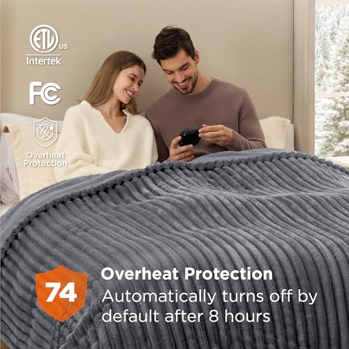 Image of Bedsure Electric Blanket Queen Size - Thick Striped Flannel Electric Blanket with Dual Control, Heating with 10 Heat Settings & 10 Time Settings, 8 hrs Timer Auto Shut Off (84x90 inches, Grey)