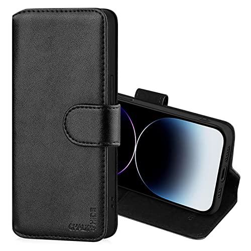 Housse iPhone 14 Pro Max cuir avec fentes CB et fermeture magnétique sûre