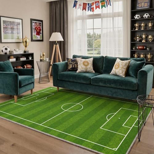 Bavni 5x7 Soccer Area Rug Washable Green Soccer Field Print Rug