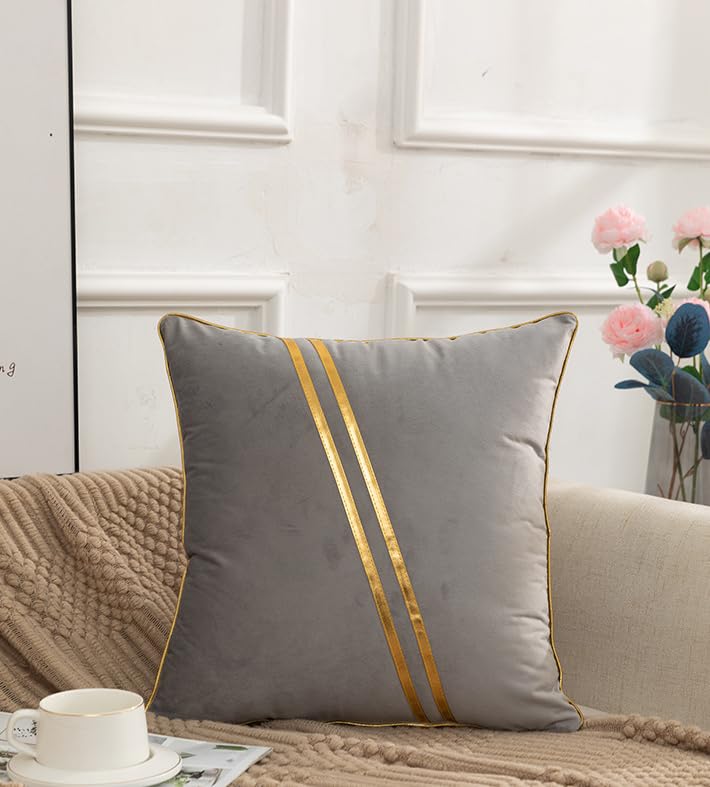 BAOKU 18 x 18 Inch Set of 2 Gray Gold Leather Striped Lines Velvet Cushion Case Luxury Modern Throw Pillow Cover Decorative Pillow Trimmed Velvet for Couch Living Room Bedroom Car - Image 2