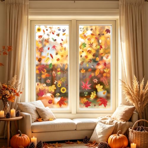Image of Fall Window Clings 9 Sheets Thanksgiving Static Stickers for Glass Decor | Double-Sided Autumn Window Decals, Harvest Season Clings, Maple Leaves Pumpkins Decorations for Holiday Home Office Classroom