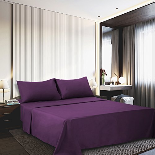Image of 4 Piece Bed Sheet Set (Queen,Purple) 1 Flat Sheet,1 Fitted Sheet and 2 Pillow Cases,Brushed Microfiber Luxury Bedding with Deep Pockets