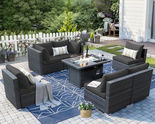 NICESOUL Extra Large Rattan Patio Furniture Set with Gas/Propane Fire Pit Table, 29.3'' High Back Comfy Outdoor Sofa Conversations, 7 Piece Moden Deep Wide Seated Sectional Couch for Backyard, Gray