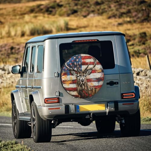 Image of Deer with American Flag Spare Tire Cover Wheel Protectors Weatherproof Deer Pattern Wheel Covers Universal Fit for Trailer RV SUV Truck Camper Travel Trailers Accessories 15 Inch