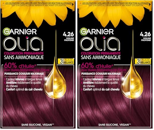 Garnier Coloration Permanente - Sans Ammoniaque - Aux Huiles Naturelles de Fleurs - Violine Profond (4.26) - Olia Vivids (Lot de 2)