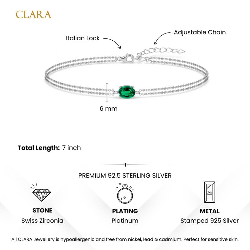 Image of Clara 925 Sterling Silver Green Solitaire Double Chain Bracelet | Adjustable, Platinum Plated, Swiss Zirconia | Gift for Women and Girls