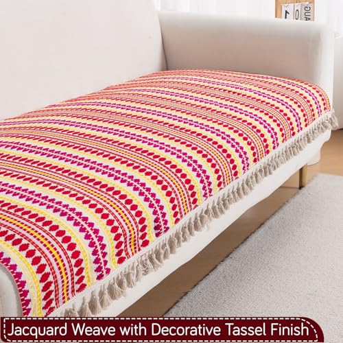Image of HOKIPO 'Artisan Boho Series' L Shape (2+2 Seater) Seat Mat for Sofa | Thick 450 GSM Cotton Acrylic Jacquard Fabric Cover with Tassel, Ruby Red (IN-902+903-A6)