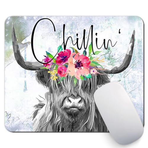 Highland Cow Chillin' Funny Mouse Pad Farm Animal Pink Watercolor Floral Mousepad Desk Accessories Decor for Women