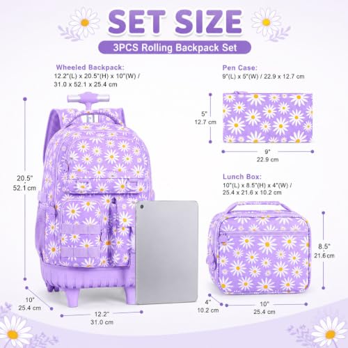 Image of CCJPX Rolling Backpack for Girls, 3Pcs Roller Wheeled School Bookbag, Daisy Wheels Backpacks with Lunch Box for Kids (Purple)