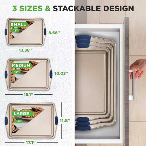 Image of NutriChef 3‑Piece Non‑Toxic Cookie Sheets for Baking - Premium Carbon Steel Oven Tray Set with Blue Silicone Handles - Nonstick Baking Sheet Set for Cookies, Pastries & Oven‑Safe Cooking