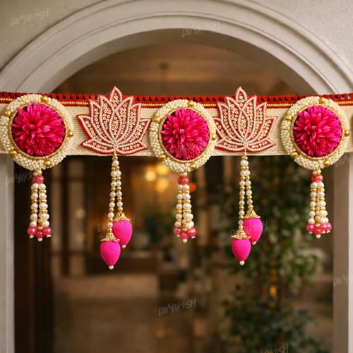 Image of Divyakosh Decorative Toran Door Hanging Garland with Pink Floral & Lotus Design | Elegant Beaded Wall /Door Decor for Festivals, Weddings & Home Decoration | 38 Inches