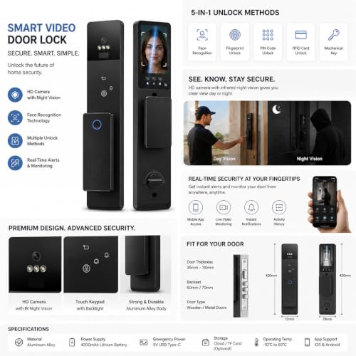 Image of AERYS Smart Digital Door Lock | 8-in-1 Unlock with Face ID, Palm, Fingerprint, PIN, RFID, OTP, Key & App | Remote Unlock | Video Calling & Live Monitoring | Five Cylinder Security (3 Years Warranty)