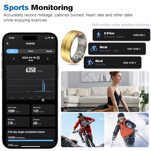 Image of Smart Ring Health Tracker for Men /Women,Fitness Ring Sleep Tracker,Fast Charging for Long-Lasting Use,for Pedometer Exercise,Monitor Sleep, Heart Rate, Stress,Waterproof (Gold, 12)