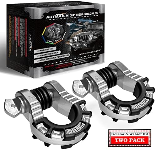 AUTMATCH D Ring Shackles 3/4" Shackle (2 Pack) 68,000Ibs Break Strength with 7/8" Screw Pin and Shackle Isolator & Washers Kit for Tow Strap Winch Off Road Vehicle Recovery Silver