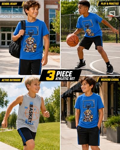 Image of Pro Athlete Boys Active Shorts Set - 3 Piece Athletic Dry Fit Graphic Tees Tank Tops and Basketball Shorts for Boys