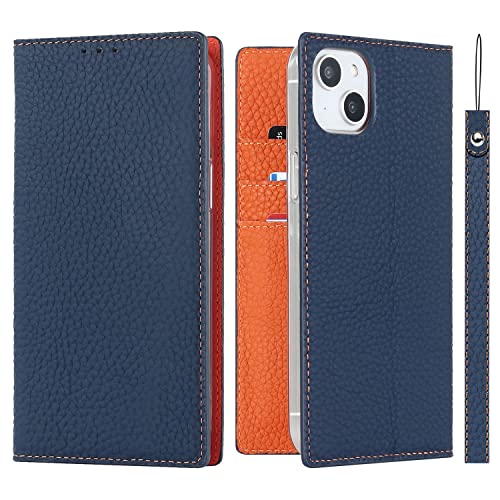 Coque magnétique en cuir véritable pour iPhone 15 Plus, protection RFID premium bleu marine