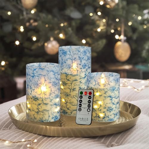 Image of Flickering Flameless Candles, Recessed String Light LED Candles 3D Wick Acrylic Battery Operated LED Pillar Candles with Remote and Timer for Modern Simple Home Decor Set of 3(Blue Twig)
