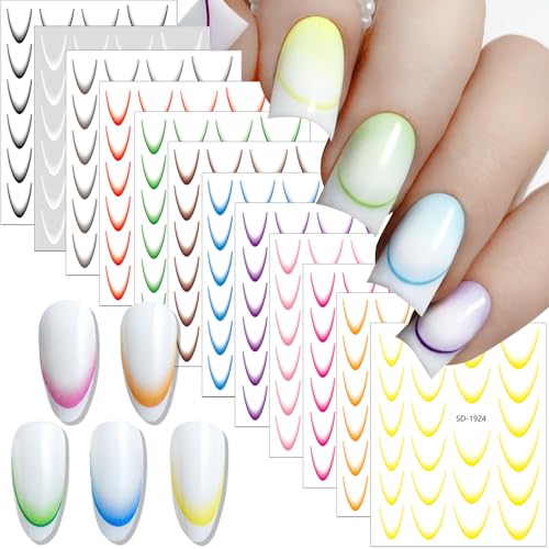 Ombre French Tip Nail Stickers - 12 Sheets, 3D Line, Curved Gradi...
