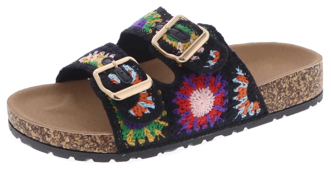 TruFox Women's Crochet Double Strap Flat Sandals with Granny Sqaures Cork Molded Footbed