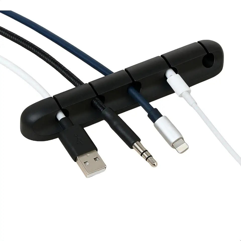 Organizador de Cabos e Fios em Silicone Flexível 5 Entradas – Suporte Adesivo para Mesa e Escritório