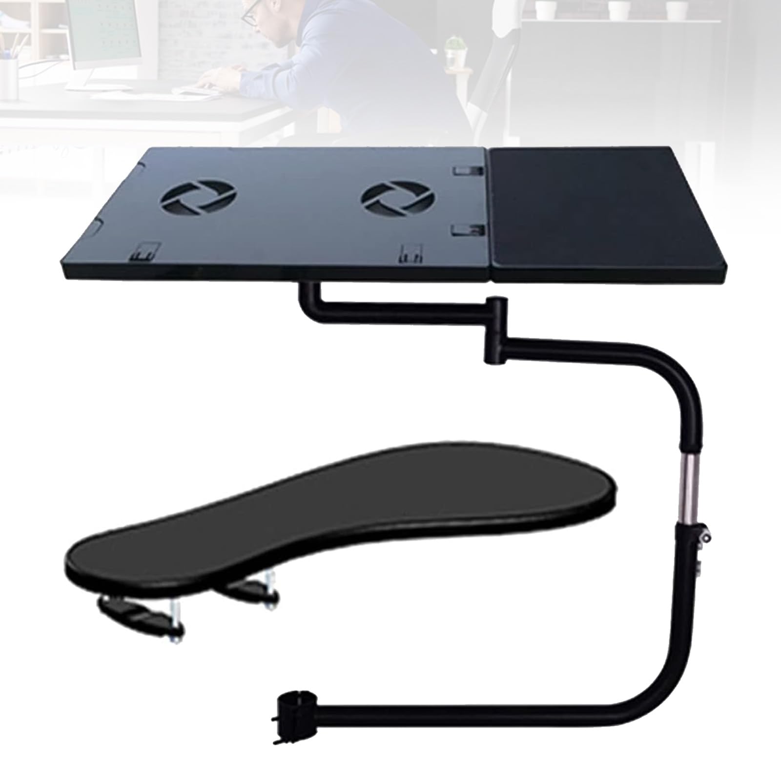 Tastatur Halterung, Tastaturablage Stuhl Klemme Tastatur Halter 360° Verstellbares Tastaturständer mit Mauspad USB Lüfter Rostfreiem Stahl Stuhlschaftklemme Tastaturstütze Fauler Keyboardständer