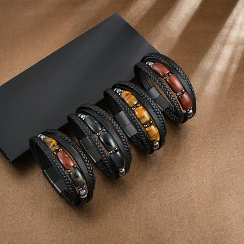 Pulsera para hombre con cuero y piedra ojo de tigre miniatura 5