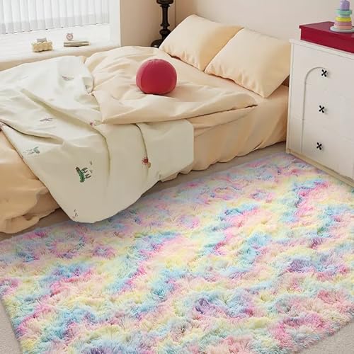 5x7 ft Fluffy Rainbow Area Rug for Bedroom Soft Fuzzy Living Room Rug Non-Slip Shag Rugs Carpet for Nursery Kids Play Room Dorm Office Indoor Modern Plush Carpets