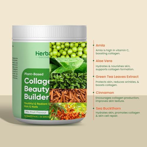 Image of Herbalmax 100% Veg Collagen Beauty Builder 97.5g Plant-Based Collagen Supplement for Hair, Skin, Nails & Joints | With Vitamin C & E | Mixed Fruit Flavour | Naturally Gluten-Free & No Added Sugar