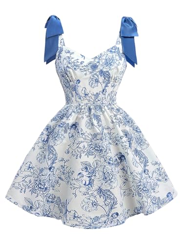 SHENHE Girl's Tie Shoulder Bow Floral Dress Smocked Fit and Flare Flowy Boho Sundresses