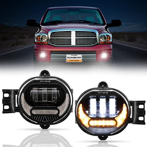 Auxbeam LED Fog Lights w/White DRL+ Yellow Turn Signal Light DOT Approved Replacement for Dodge Ram 1500 2002-2008 Dodge Ram 2500/3500 2003-2009, 1 Pair Black Fog Lights w/ DRL & Turn Signal