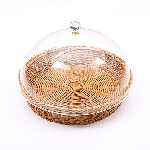 Youeon Imitation Rattan Bread Basket with Acrylic Dome Cover, 12 Inch Round Woven Fruit Basket Handmade Poly Food Serving Basket for Bread, Snacks, Vegetable, Food