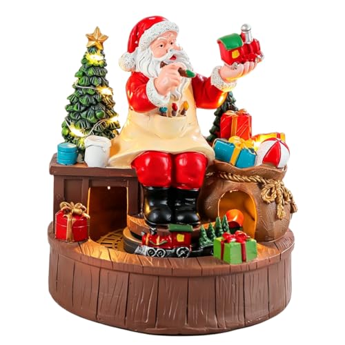 OUNONA Christmas Santa Music Box with Built-in Melody - Battery Operated Santa Claus Workshop with Rotating Train Figurine, LED Illuminated