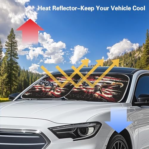 Image of Car Windshield Sun Shade Foldable 2pcs Cool Eagle Ameican Flag Automotive Front Window Sunshade Protector Accessories for Car Truck SUV Auto Sun Heat and UV Rays Blocker