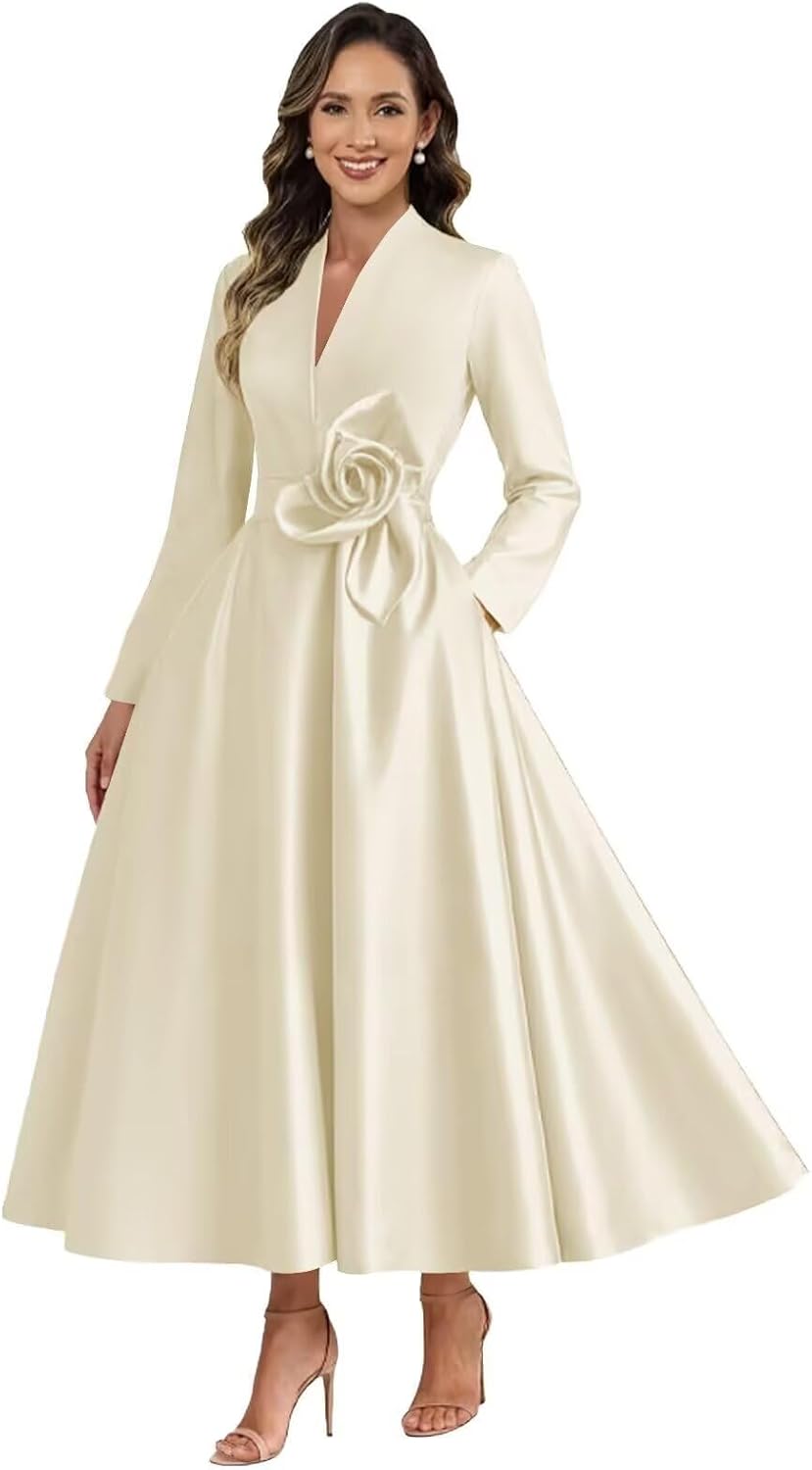 Tea Length Mother of The Bride Dress for Women Long Sleeve Floral Satin Formal Wedding Guest Dress with Pockets - Image 4