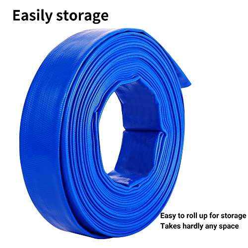 Image of 1-1 /2 inch (Flat 2.6'' width) x 100 FT Pool Backwash Hose Kit with Male NPT | Adapter, Blue Reinforced Pool Drain Discharge Hose for Swimming Pool Filter Pump,with 2 Clamp and Thread Seal Tape
